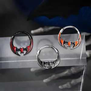 OUFER BODY JEWELRY Spooky Halloween Bat Septum Clicker Ring, 16G 316L Stainless Steel Unisex Daith Piercing with Red Orange Enamel